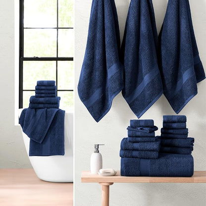 LANE LINEN 24 PC Premium Towel Set - 2 Bath Sheets, 4 Bath Towels, 4 Fingertip, 8 Washcloths, 6 Hand Towels - 100% Ringspun Cotton - Highly Absorbent Towels for Bathroom, Gym, Hotel & Spa - Navy Blue