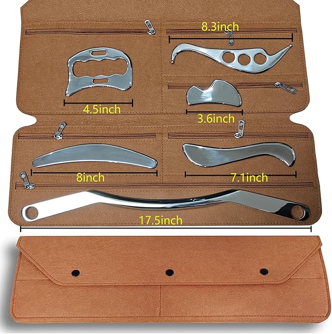 6 in 1Stainless Steel Gua Sha Scraping Massage Tool Set- IASTM Tool Set Great Soft Tissue Mobilization Tool- for Back, Neck, Arm, Leg, Shoulder and Whole Body Acupoints(Carry Bag)