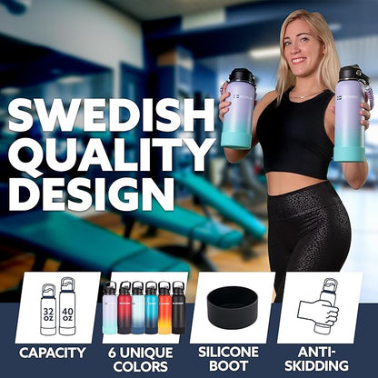 LUFT SWEDEN 32 oz Red & Purple Insulated Water Bottle with Straw Lid – Leakproof Stainless Steel, Dishwasher Safe – Double Wall Gym Thermos for Cold Drinks – Reusable, Sweatproof & BPA-Free