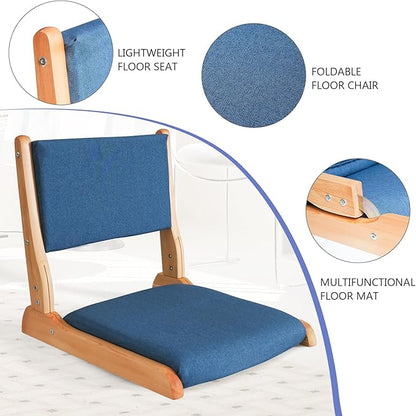 Japanese Floor Chair with Back Support, Foldable Meditation Chair, Legless Tatami Chair with Cushion, Floor Seat for Living Room, Bedroom, Bay Window (2, Blue)