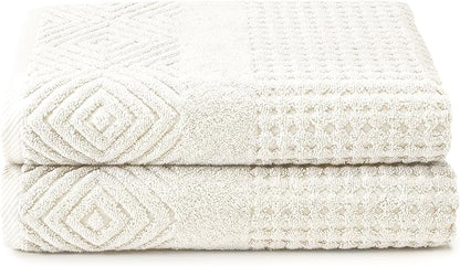 Texere 100% Organic Cotton Diamond Jacquard 700 GSM Luxury Bath Towel Sets - Ultra Soft and Absorbent Hotel and Spa Quality (Diamond, Cream, 2 Bath Towels)