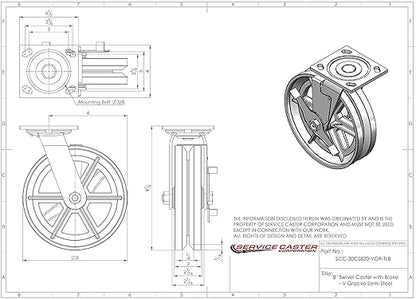 V Groove Semi Steel Cast Iron Swivel Top Plate Heavy Duty Caster with 8 Inch Wheel and Top Lock Brake – 1,250 lbs. Capacity/Caster - Service Caster Brand