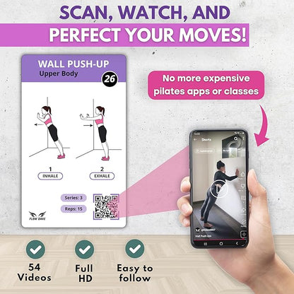 Wall Pilates Workouts for Women – 66 Exercise Cards with Videos & Workout Plan – Includes 5-Week Challenge, E-book, Chart & 2 Rings for Easy Organization – Home Pilates Workout Guide