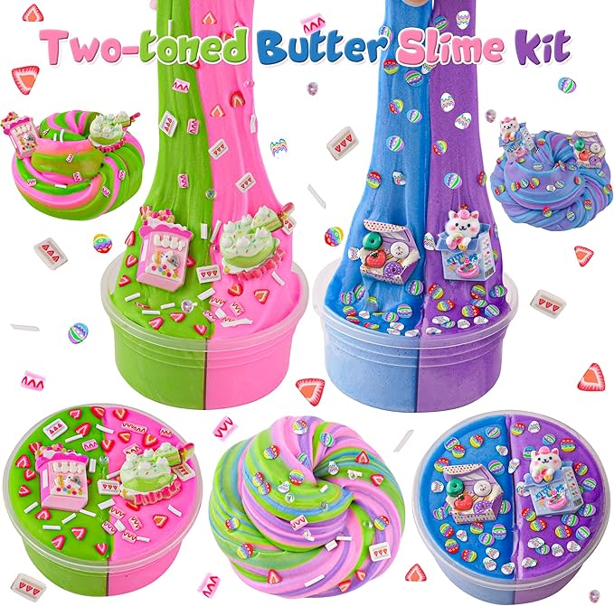LAWOHO 2X120ml Butter Slime Kit Includes Two-Toned Butter Slime with 6 Packs Add-Ins, Slime for Kids Party Favors, Dessert Butter Slime Kit for Girls Boys Birthday Halloween Christmas Easter Gifts