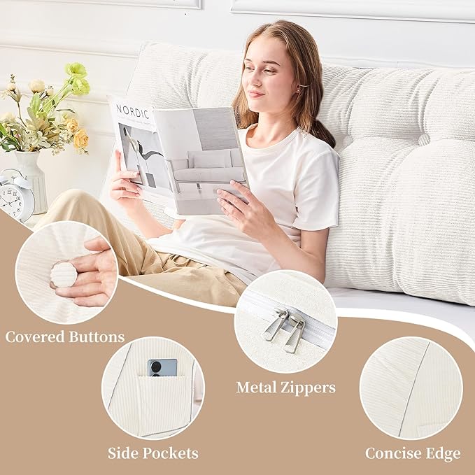 Sasttie Headboard Pillow Queen, Triangular Wedge Pillow Headboard, Wedge Headboard Pillow for Bed Sofa, Daybed Pillows for Sitting up, Reading or Working with Removable Cover, White