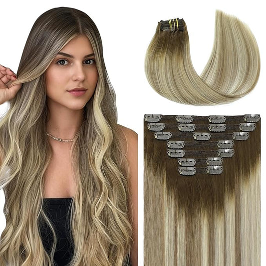 Youngsmile Clip in Hair Extensions Human Hair 22inch 7pcs 160g Balayage Color 3 Brown Fading to 8 Ash Brown Highlight with 22 Medium Blonde Human Hair Extensions Clip in (7C#3/8/22-22Inch)