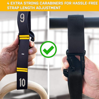 Double Circle Quick Adjust Numbered Straps for Gymnastic Rings - Carabiner System and Exercise Video Guide for Full Body Workout, Calisthenics, and Home Gym