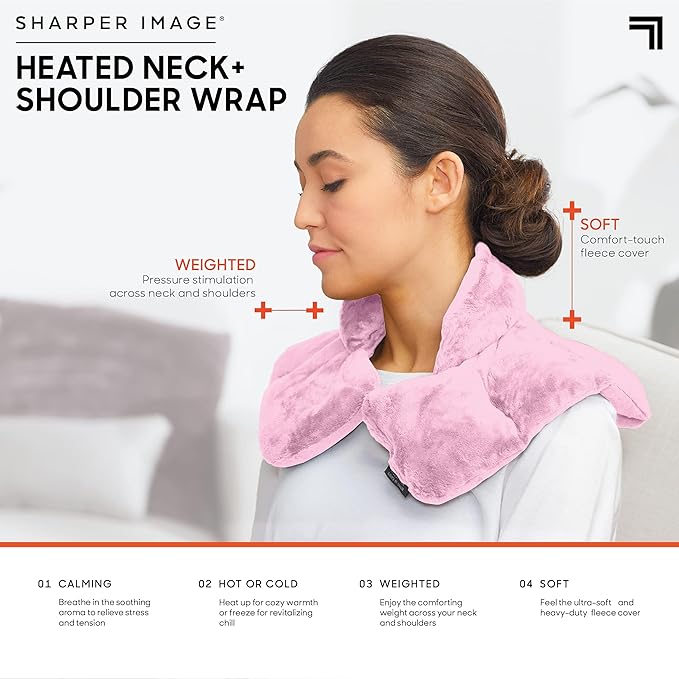 Sharper Image Heated Neck & Shoulder Wrap - Microwavable Warm & Cooling Plush Pad, Scented Aromatherapy (100% Natural Lavender & Herb Spa Blend), Pain Tension Headache Relief Therapy, Gift for Women