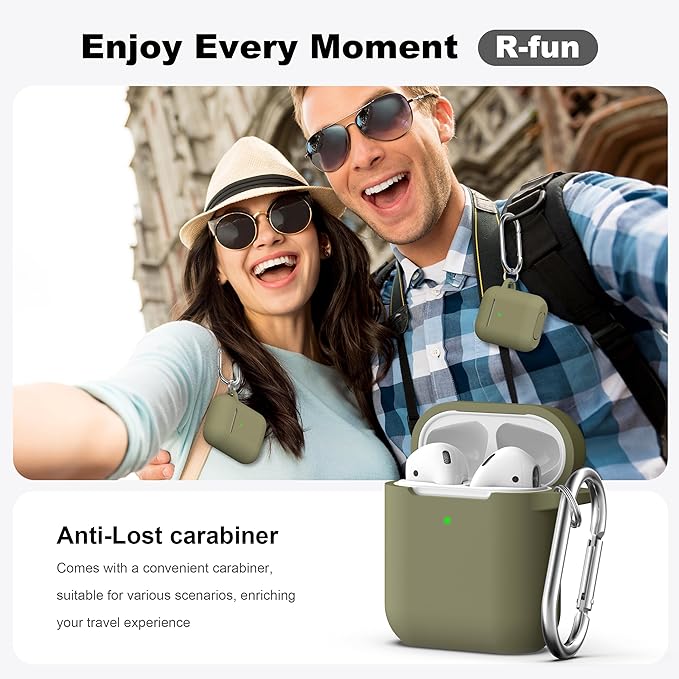R-fun Compatible with AirPods Case Cover, Soft Silicone Protective Cover with Keychain for Women Men Compatible with Apple AirPods 2nd 1st Generation Charging Case, Front LED Visible,Olive