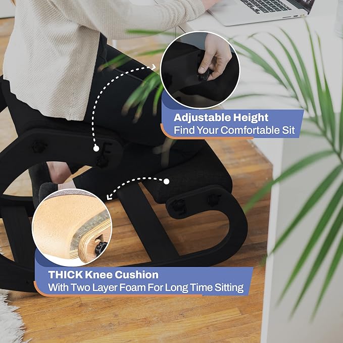 Ergonomic Kneeling Chair with Adjustable Seats - Knee Chair for Posture Correction & Kneel Rocking Stool for Desk - Back Pain Relief and Support for Home and Office - 5 Years Brand Warranty