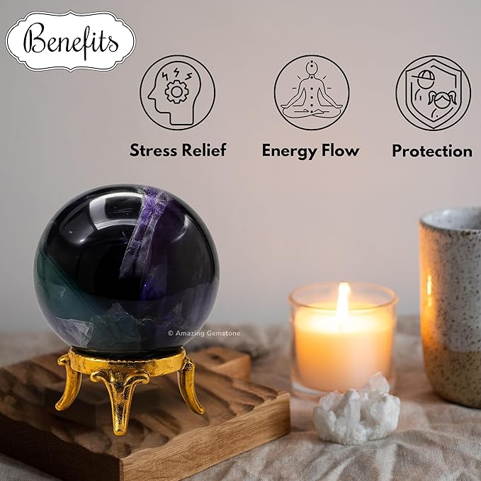 Amazing Gemstone Fluorite Crystal Ball with Stand - 2 Inches Crystal Sphere Meditation Balls for Witchcraft and Decorative Balls