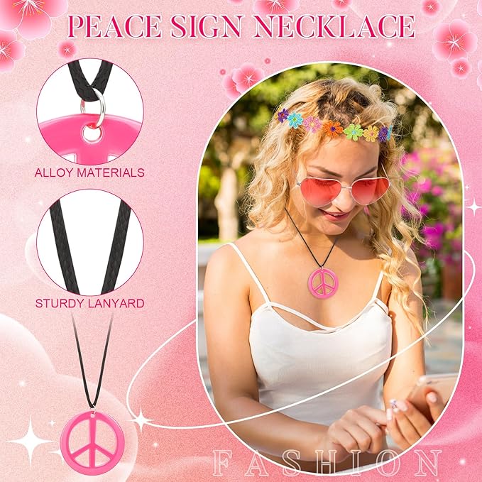 WILLBOND 60s 70s Accessories for Women Hippie Costume Accessories Peace Sign Necklace Headband Hair Wreath Sunglasses