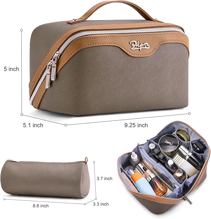 BOYATU Travel Makeup Bag Organizer Cosmetic Bag: 3 Pcs Set Make up Bags for Women with Handle - Waterproof Vegan Leather Toiletry Bags Travel Essentials Pouch with Compartments (G-06-Grey)