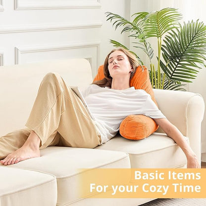 Sasttie Reading Pillow, Velvet Back Pillow for Bed Sitting Up, Adult Back-Rest Support Cushion with Arms for Sit Up on Couch, Sofa, and Floor, Dorm Essentials, Reading Accessories, Orange