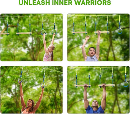 Flybold Obstacle Course for Kids - 40 Ft Ninja Warrior Slackline Kit with 8 Adjustable Obstacles - Tree Protectors, Twin Gear Ratchets, Carry Bag - Complete Outdoor Adventure Set