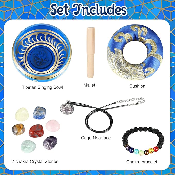 BBTO Tibetan Singing Bowls Set for Healing 3.4'' Meditation Sound Bath Bowl 7 pcs Chakra Crystal Stones Mallet Cushion Chakra Bracelet Pendant(Blue)