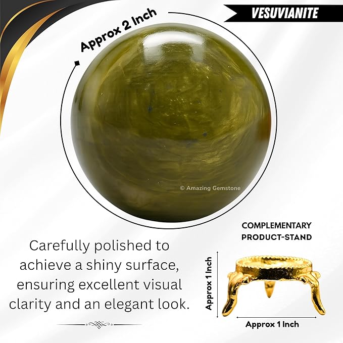 Amazing Gemstone Vesuvianite Crystal Ball with Stand - 2 Inches Crystal Sphere Meditation Balls for Witchcraft and Decorative Balls