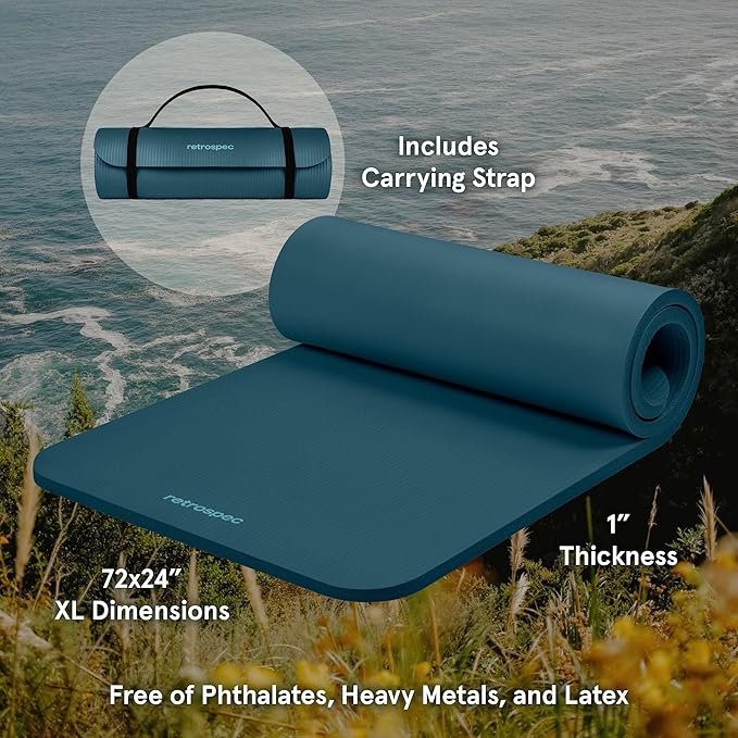 Retrospec Solana Yoga Mat 1" Thick With Nylon Carry Strap for Men & Women - Non Slip Exercise Mat for Home Yoga, Pilates, Stretching, Floor & Fitness Workouts