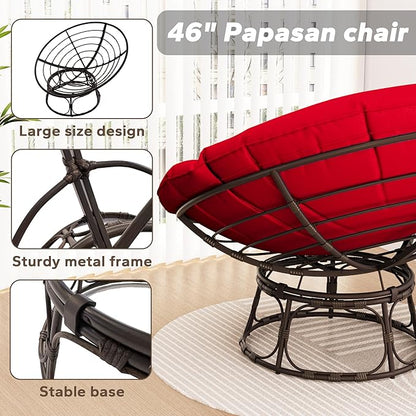 46'' Large Size Papasan Chair with Cushion and Frame, Lazy Chair for Reading, Living Room, Bedroom, Red