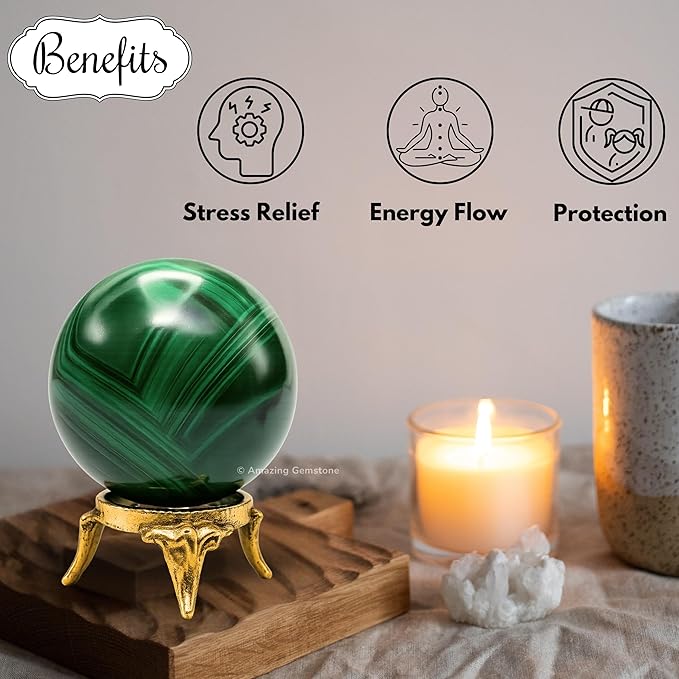 Amazing Gemstone Malachite Crystal Ball with Stand - 2" Inches Crystal Sphere Meditation Balls for Witchcraft and Decorative Balls