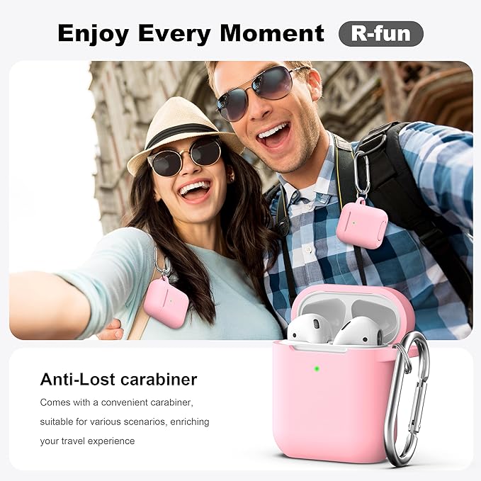 R-fun Compatible with AirPods Case Cover, Soft Silicone Protective Cover with Keychain for Women Men Compatible with Apple AirPods 2nd 1st Generation Charging Case, Front LED Visible,Pink