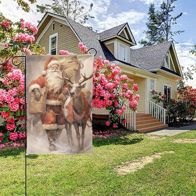 Santa Claus Reindeer Garden Flag 12x18 In Double Sided Yard Flags Lawn Sign Decor No Flagstand