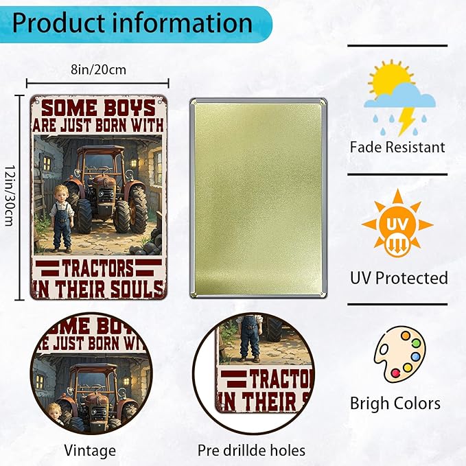 Tractors Metal Tin Sign Born with Tractors Sign Home Kitchen Wall Decor 8x12 Inch Funny Plaque