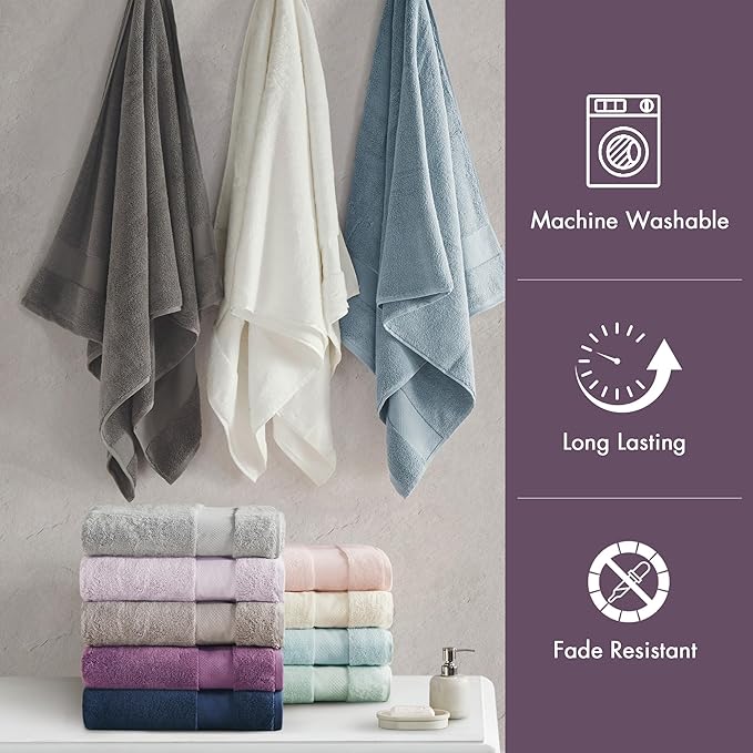 Madison Park Turkish 100% Cotton Towel Set, 600Gsm Luxury Premium Weight, Soft Absorbent Hotel Bathroom Shower Hand Face Washcloths, Assorted Sizes Purple 6 Piece