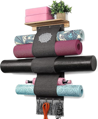 VINAEMO Yoga Mat Holder Accessories Wall Mount Organizer Storage Decor Foam Roller and Towel Storage Rack with 4 Hooks and Wooden Shelves Yoga Mats Rack Resistance Bands for Home Gym School Office