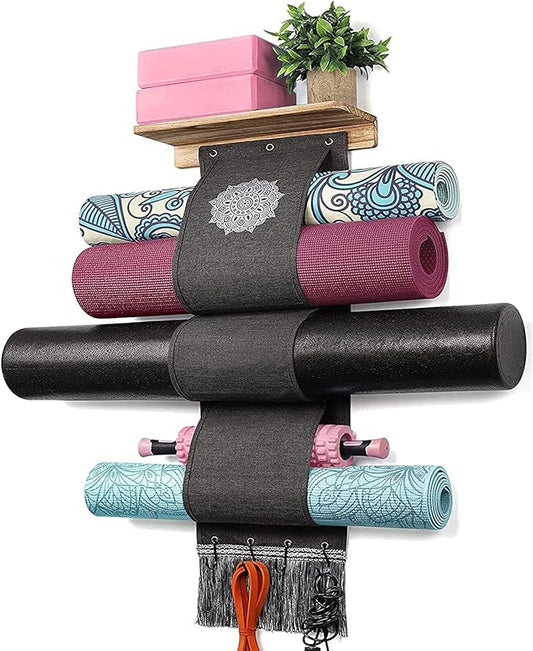 VINAEMO Yoga Mat Holder Accessories Wall Mount Organizer Storage Decor Foam Roller and Towel Storage Rack with 4 Hooks and Wooden Shelves Yoga Mats Rack Resistance Bands for Home Gym School Office