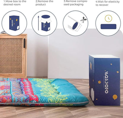 MAXYOYO Bohemian Futon Floor Mattress Boho Floral Style Japanese Tatami Mat Foldable Bed Portable Camping Sleeping Pad Lounger Couch Bed, Queen