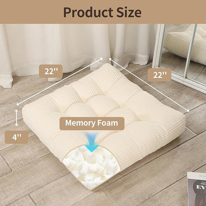 22 inches Meditation Pillow, 2 Pack Square Large Floor Cushions for Adults, Thick Corduroy Floor Pillows for Sitting, Yoga, Living Room, Sofa, Tatami, Beige
