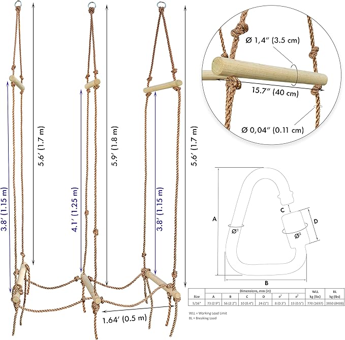 Rickety Bridge Rope Ladder - Ninja Slack line Accessories - Backyard Obstacle Course Accessories for Ninja Warrior Training - Rope Bridge Skip for Kids