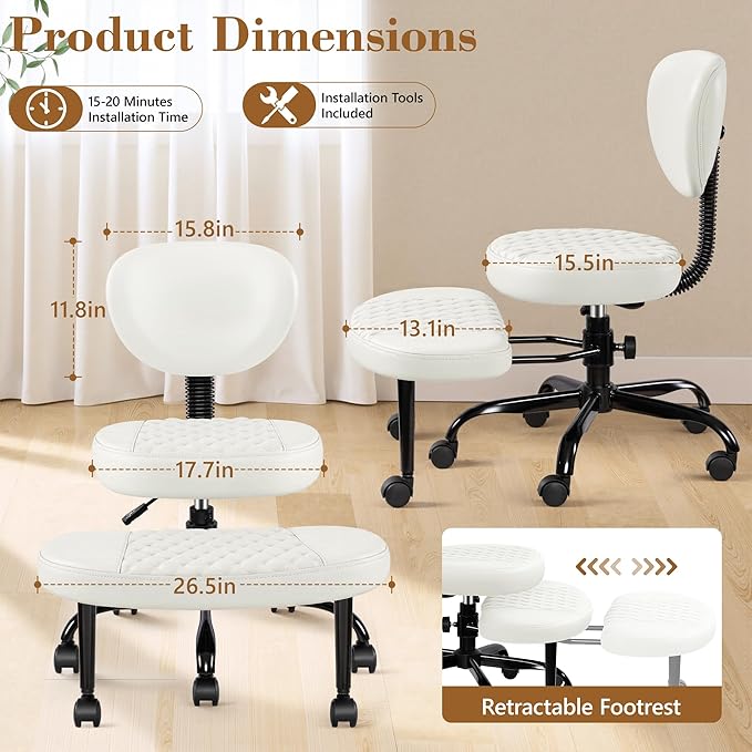 Ergonomic Cross Legged Office Chair with Wheels - Adjustable Height for Meditation, ADHD Desk & Yoga - Wide Criss Cross Design with Lumbar Support, Kneeling Chair - White