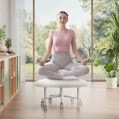 Ergonomic Cross Legged Office Chair with Wheels, ADHD Chair for Adults, Meditation Chair, Yoga Office Chair, Comfortable Back Support, Height Adjustable,Small Spaces, Teddy Fabric, White