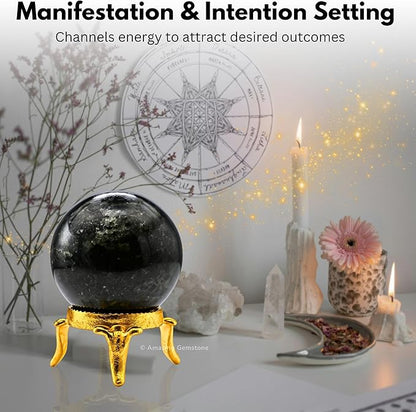 Amazing Gemstone Nuummite Crystal Ball with Stand - 2" Inches Crystal Sphere Meditation Balls for Witchcraft and Decorative Balls