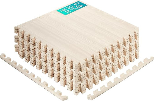 Yes4All 48SQ.FT Wood Grain Puzzle Exercise Mat Protective Flooring, EVA Interlocking Foam Floor Tiles with Border for Home