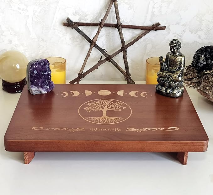 Altar Table, Meditation Table, Small Altar Table, Wooden Witch Altar, Wiccan Alter Table, Buddhist Shrine, Engraved Moon Phase and The Tree of Life on Table Top, 12 × 8 inches
