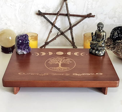 Altar Table, Meditation Table, Small Altar Table, Wooden Witch Altar, Wiccan Alter Table, Buddhist Shrine, Engraved Moon Phase and The Tree of Life on Table Top, 12 × 8 inches