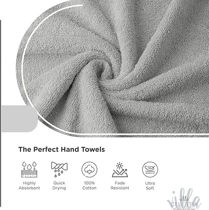 100% Cotton Hand Towel Set of 2, (16 x 28 inches) Sustainable, Soft, Highly Absorbent, Quick Drying, Combed Cotton Hand Towels Pack of 2 Ideal for Hotels, Spa, Bathroom, Dorm, Silver