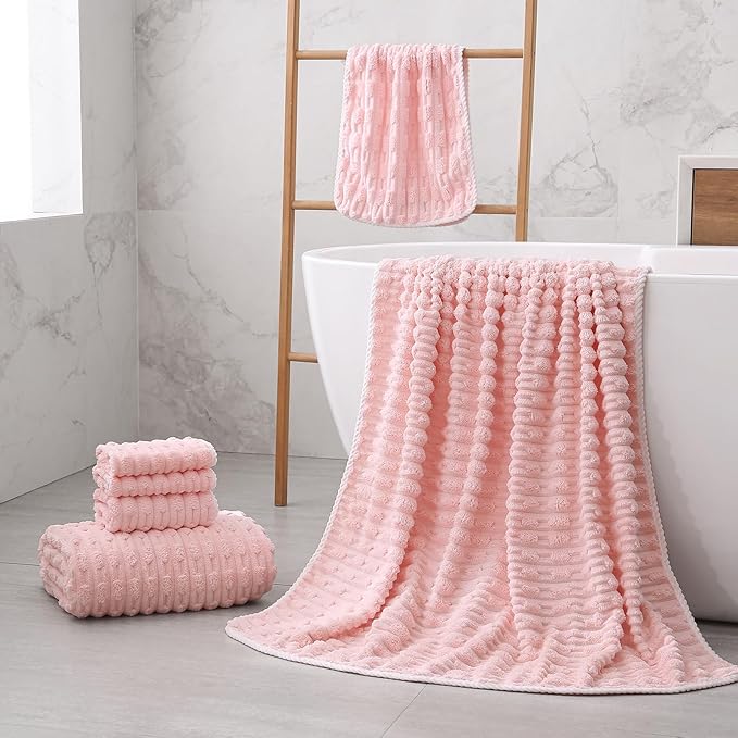 40x80 Inches Oversized Bath Sheets Extra Large Bath Towels Set of 6 for Adults Super Soft Quick Dry Lightweight Lint Free Absorbent Stripe Microfiber Shower Towels (Pink+White, 6 Piece)