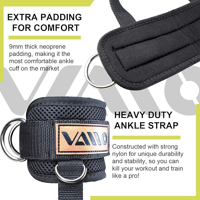 VAIIO Ankle Straps for Cable Machines,Adjustable Comfort fit Neoprene, Reinforce Double D-Ring - Premium Ankle Cuffs to Improve Abdominal Muscles, Lift The Butts, Tone The Legs for Men & Women