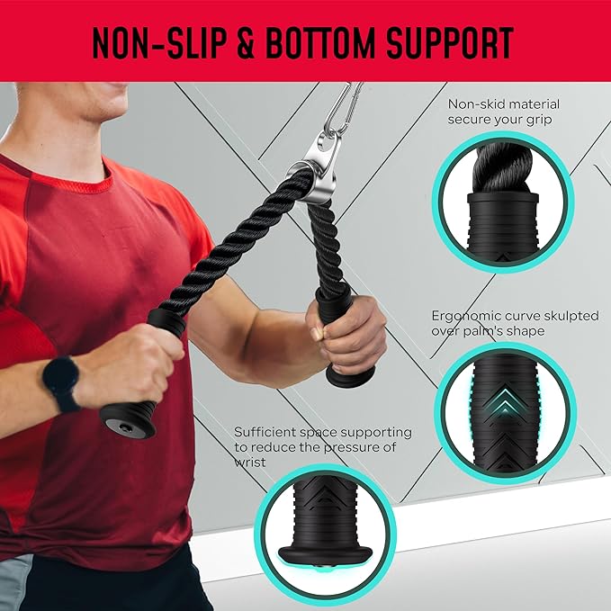 Tricep Rope Compatible with Tonal Machine, Tricep Pull Down Attachment with Ergonomic Comfort Grips, Accessory for Smart Home Gym & Cable Machine, Wrist Support Base, Soft Rub & Heavy Duty