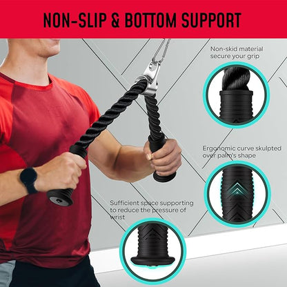 Tricep Rope Compatible with Tonal Machine, Tricep Pull Down Attachment with Ergonomic Comfort Grips, Accessory for Smart Home Gym & Cable Machine, Wrist Support Base, Soft Rub & Heavy Duty