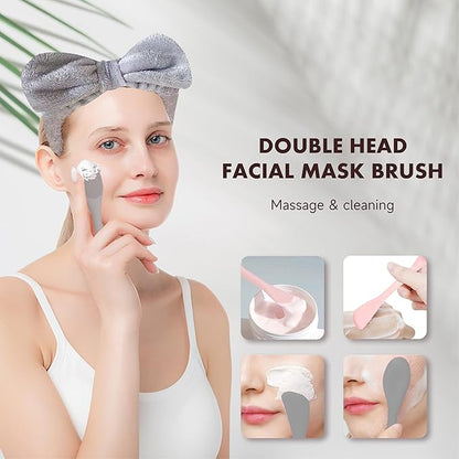 Facial Cleansing Brush, 2 in 1 Silicone Face Mask Brush & Face Scrubber, Face Wash Headband and Wristband Set，5 Pieces (Grey&Purple+Grey)
