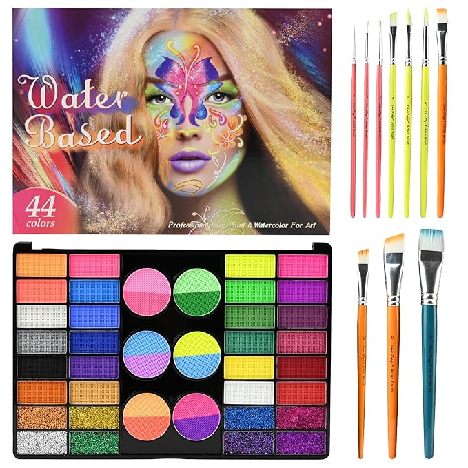 Face Painting Kit Professional, Water Based Face Paint Kit, Non Toxic Face Paint Palette with Body Glitter Gel, Neon Face Paint, Glitter Face Paint & 10 Face Paint Brushes for Halloween, Easter