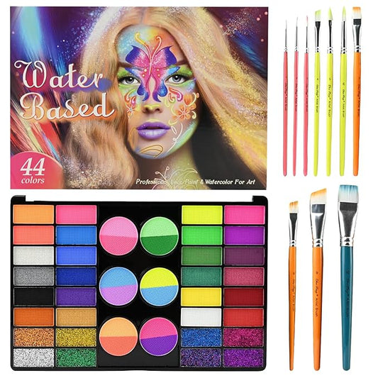 Face Painting Kit Professional, Water Based Face Paint Kit, Non Toxic Face Paint Palette with Body Glitter Gel, Neon Face Paint, Glitter Face Paint & 10 Face Paint Brushes for Halloween, Easter