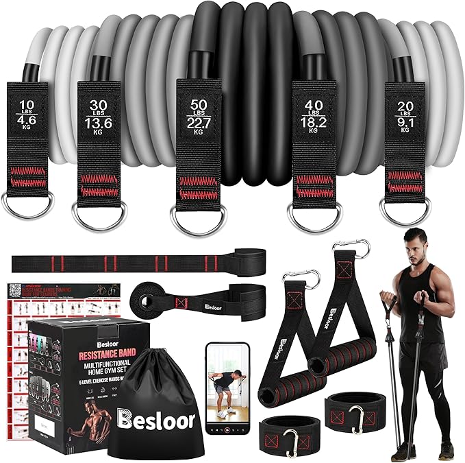 Resistance Band Set. Exercise Bands with Handles, Door Anchor and Ankle Strap. Home Gym, Supports Full-Body Workouts - with Training Guide and Fitness Video
