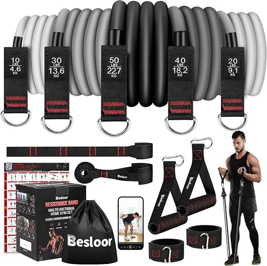 Resistance Band Set. Exercise Bands with Handles, Door Anchor and Ankle Strap. Home Gym, Supports Full-Body Workouts - with Training Guide and Fitness Video