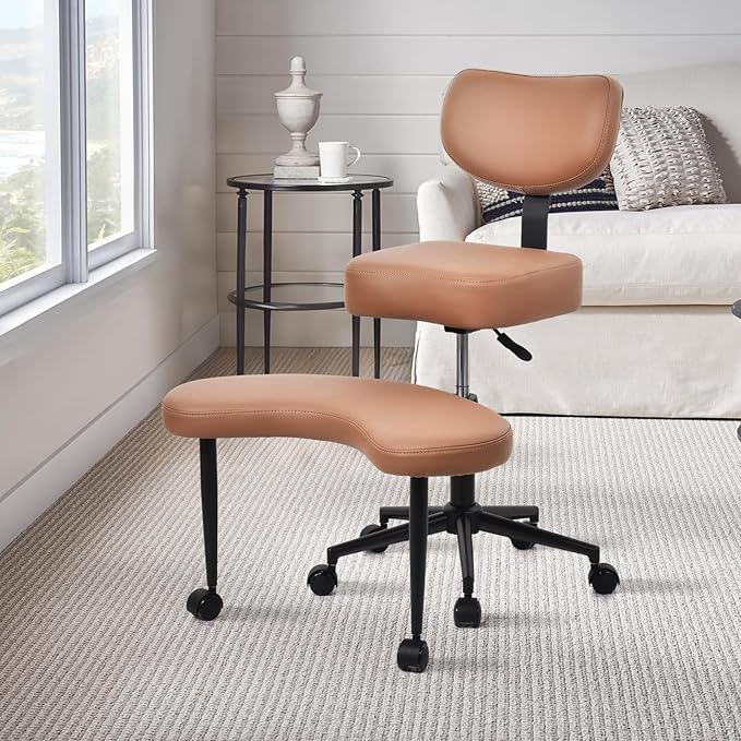 Meditation Chair, Cross Legged ADHD Office Chair for Adults with Wheels Ergonomic Back Support and Leg Rest for Multi Position Criss Cross Sitting Kneeling and Yoga Height Adjustable, Leather Style